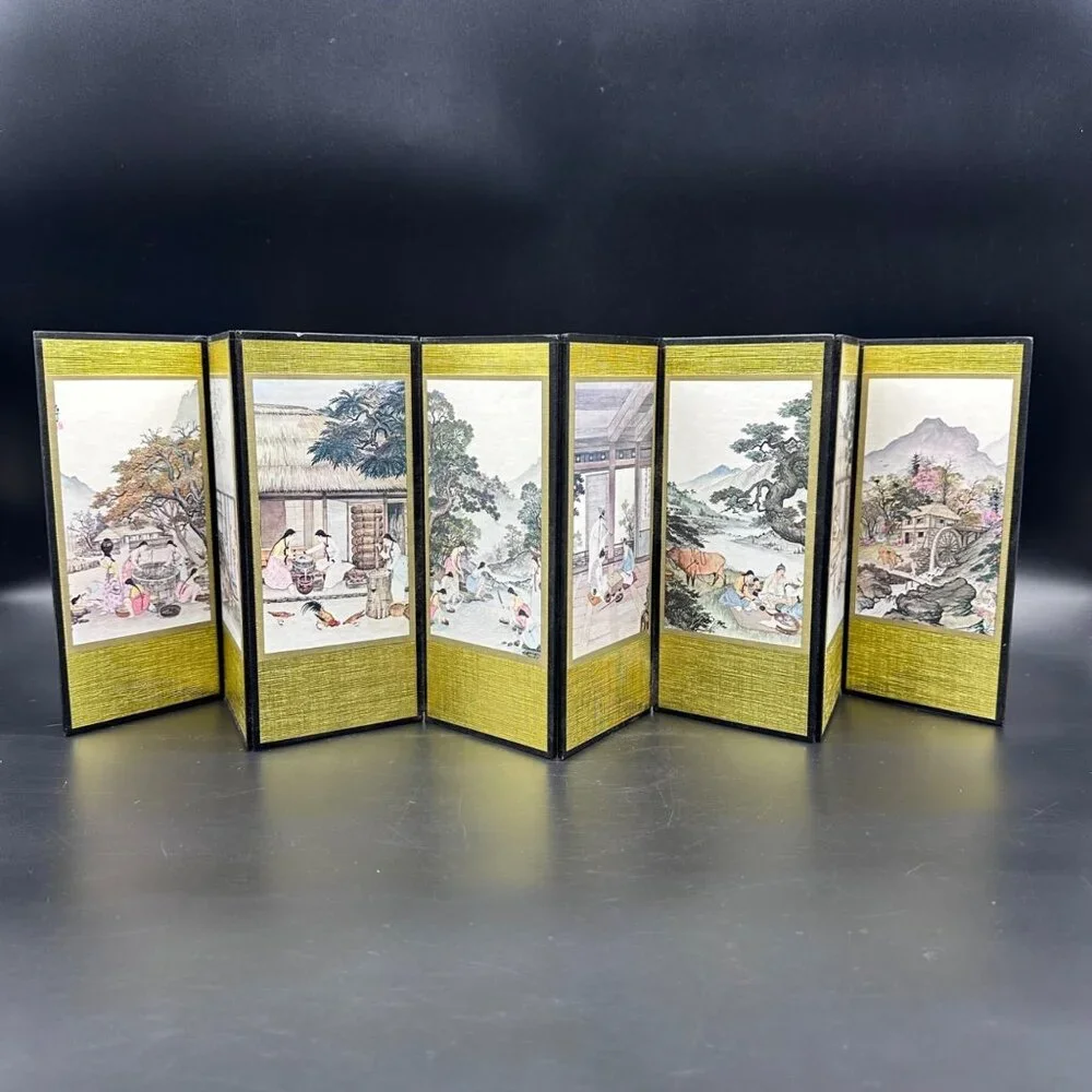 Vintage Korean Village Life Mini Folding Screen Art Decor Tabletop Display Asian